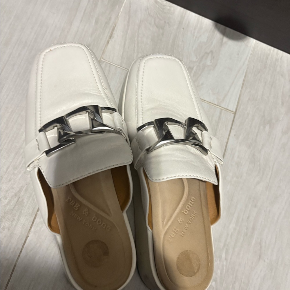 Rag & Bone White Mules with Silver Detail